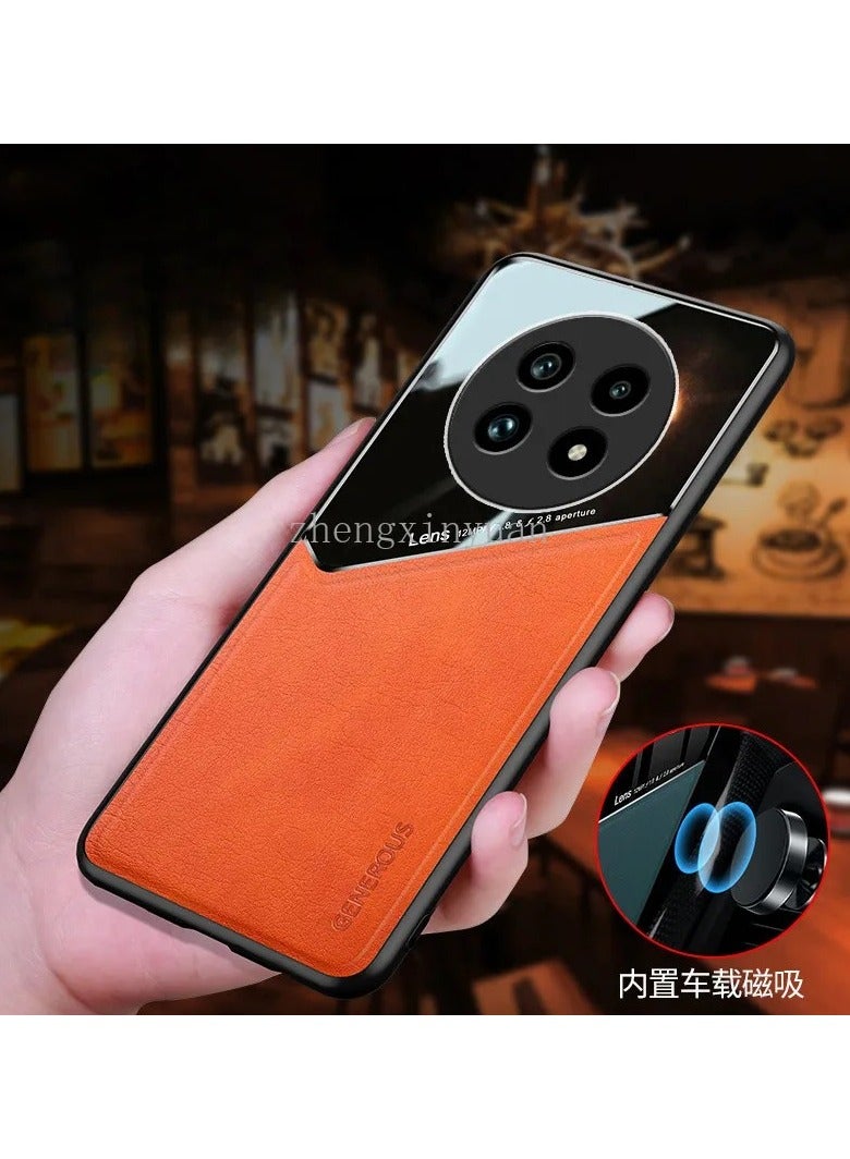 Case Compatible With Realme 13 Pro/13 Pro Plus, Cover Luxury Leather And Glass With Car Magnetic Holder Phone Cover Soft Frame Silicone - Orange - Image 4
