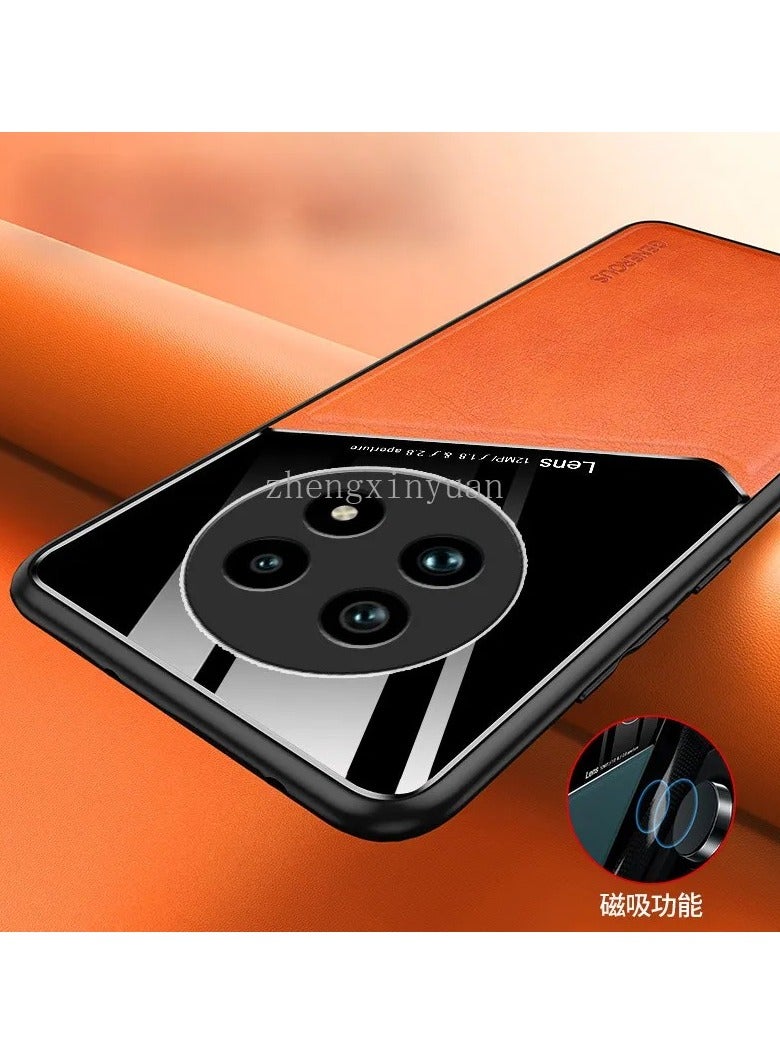 Case Compatible With Realme 13 Pro/13 Pro Plus, Cover Luxury Leather And Glass With Car Magnetic Holder Phone Cover Soft Frame Silicone - Orange - Image 5