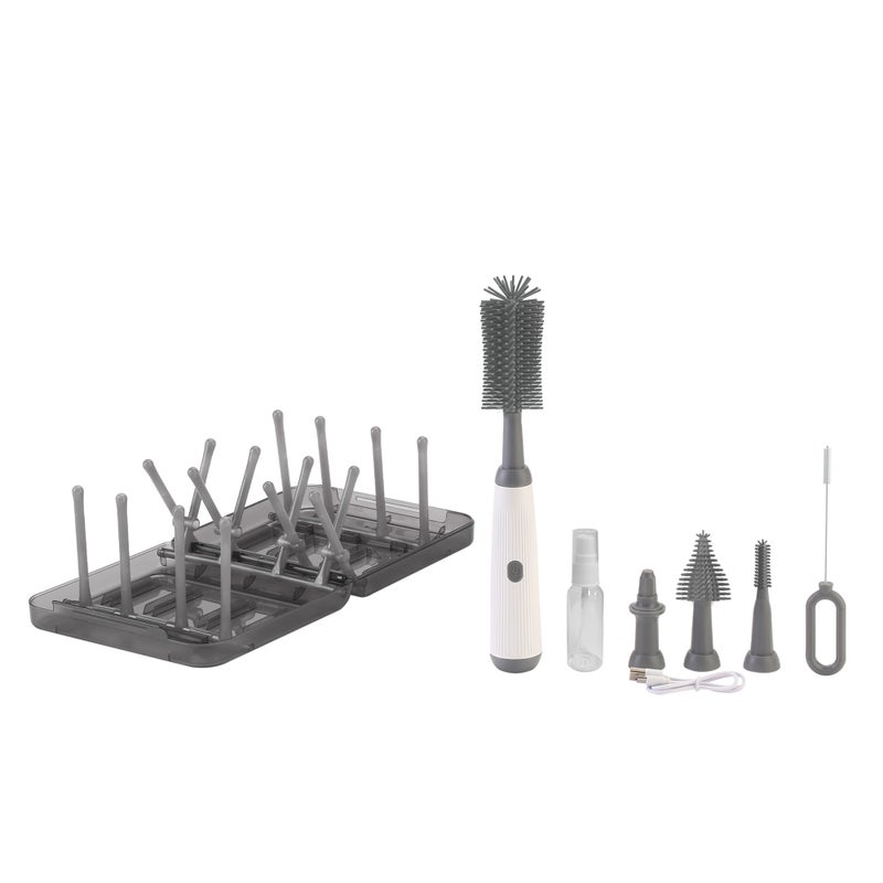 Electric Bottle Brush with Stand and Extendable Handle,Silicone Bottle Brush Set with Water Bottle/Nipple/Straw Brush,Easy-Grip Silicone Handle,Waterproof/Rechargeable Brush, Grey - Image 1