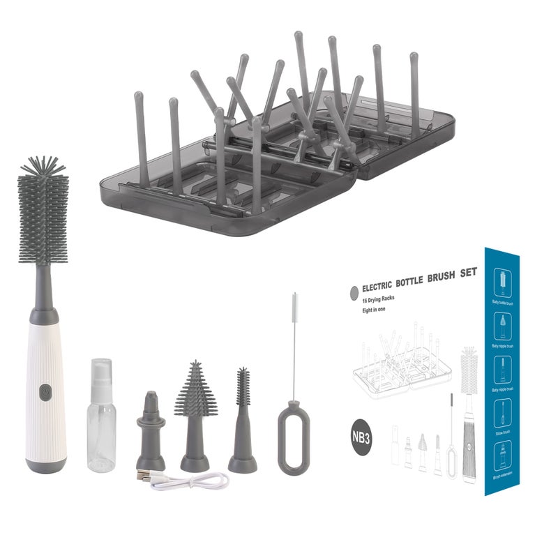 Electric Bottle Brush with Stand and Extendable Handle,Silicone Bottle Brush Set with Water Bottle/Nipple/Straw Brush,Easy-Grip Silicone Handle,Waterproof/Rechargeable Brush, Grey - Image 3