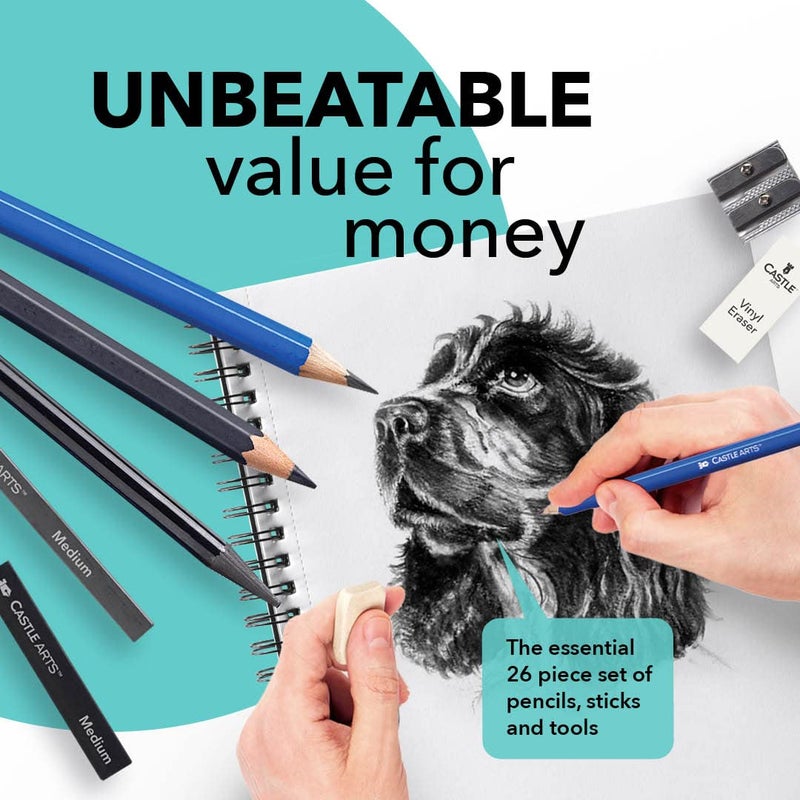 Castle Art Supplies 26 Piece Drawing and Sketching Art Set: Perfect for Beginners, Kids or Any Aspiring Artist - Includes Graphite Pencils and Sticks, Charcoal Pencils, Erasers and Sharpeners, Adult - Image 3