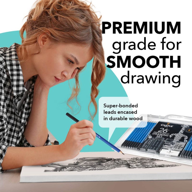 Castle Art Supplies 26 Piece Drawing and Sketching Art Set: Perfect for Beginners, Kids or Any Aspiring Artist - Includes Graphite Pencils and Sticks, Charcoal Pencils, Erasers and Sharpeners, Adult - Image 4