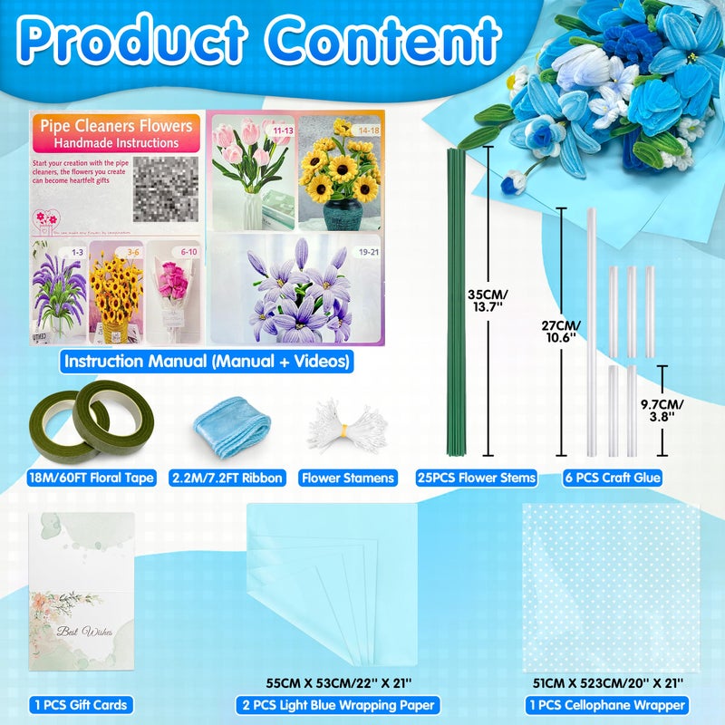 LINAYE 500 PCS Pipe Cleaners Craft, 6 Colors Pipe Cleaners Flowers Kit, Chenille Stems for Crafts with Instruction Wrapping Paper, Flower Stamens, Stems Art and Craft Supplies Blue - Image 3