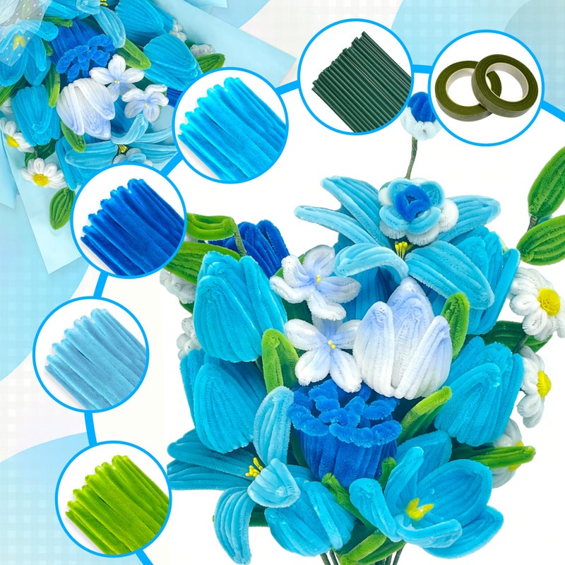 LINAYE 500 PCS Pipe Cleaners Craft, 6 Colors Pipe Cleaners Flowers Kit, Chenille Stems for Crafts with Instruction Wrapping Paper, Flower Stamens, Stems Art and Craft Supplies Blue - Image 4