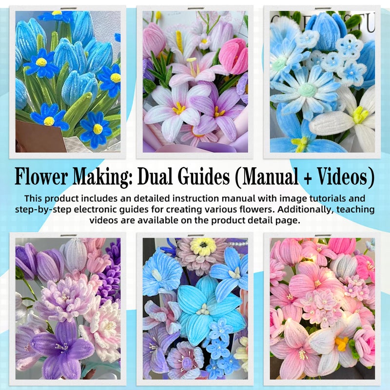 LINAYE 500 PCS Pipe Cleaners Craft, 6 Colors Pipe Cleaners Flowers Kit, Chenille Stems for Crafts with Instruction Wrapping Paper, Flower Stamens, Stems Art and Craft Supplies Blue - Image 5