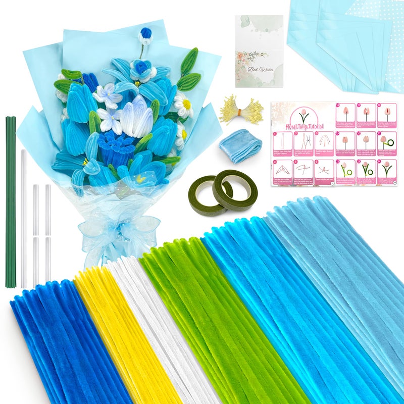 LINAYE 500 PCS Pipe Cleaners Craft, 6 Colors Pipe Cleaners Flowers Kit, Chenille Stems for Crafts with Instruction Wrapping Paper, Flower Stamens, Stems Art and Craft Supplies Blue - Image 1