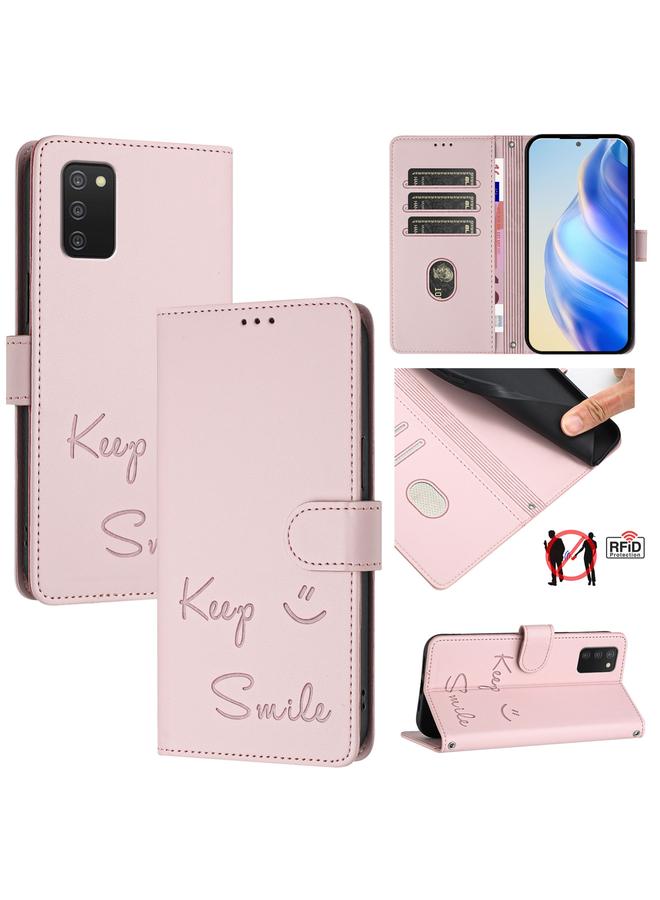 S-TOP Case For Samsung Galaxy A03s 165.8mm Smile Embossing RFID Leather Phone Case - Image 1