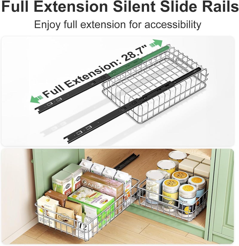Kitstorack 2 Pack Pull Out Cabinet Organizer, Slide Out Drawers for Kitchen Organizers and Storage, Peel and Stick, Heavy Duty Shelves for Kitchen, Cupboard, Pantry, Bathroom (16.5" D*11.8" W*4.7" H) - Image 5