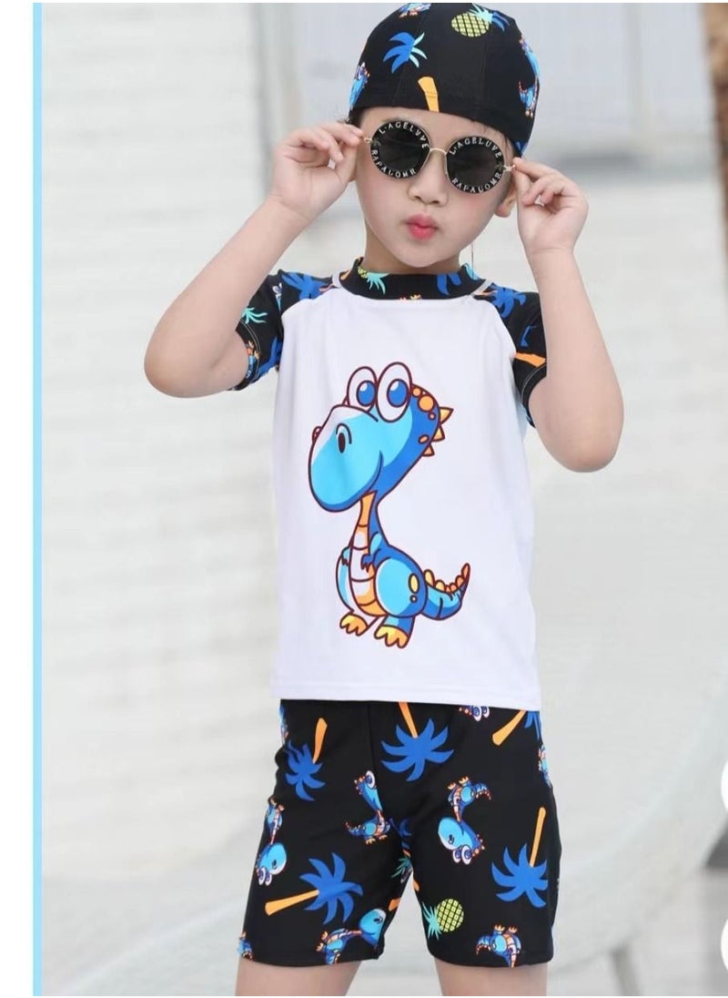 HAIZID 3-Piece Kid's Cartoon Dinosaur Pattern Swimsuit Set Blue Triceratops  - Image 1
