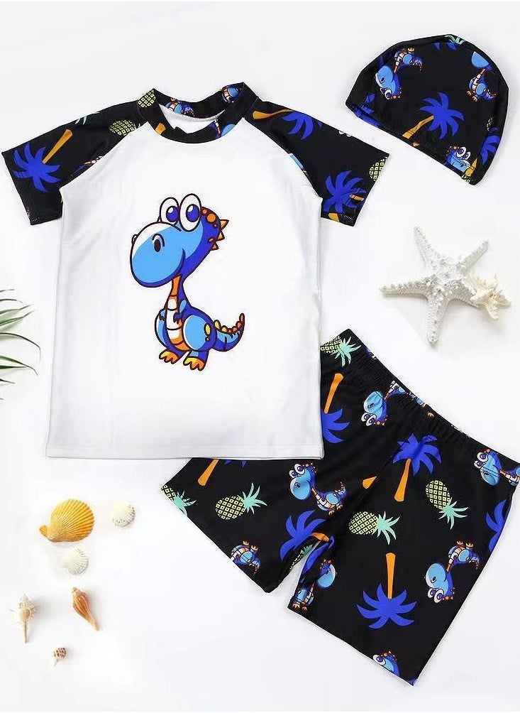 HAIZID 3-Piece Kid's Cartoon Dinosaur Pattern Swimsuit Set Blue Triceratops  - Image 3