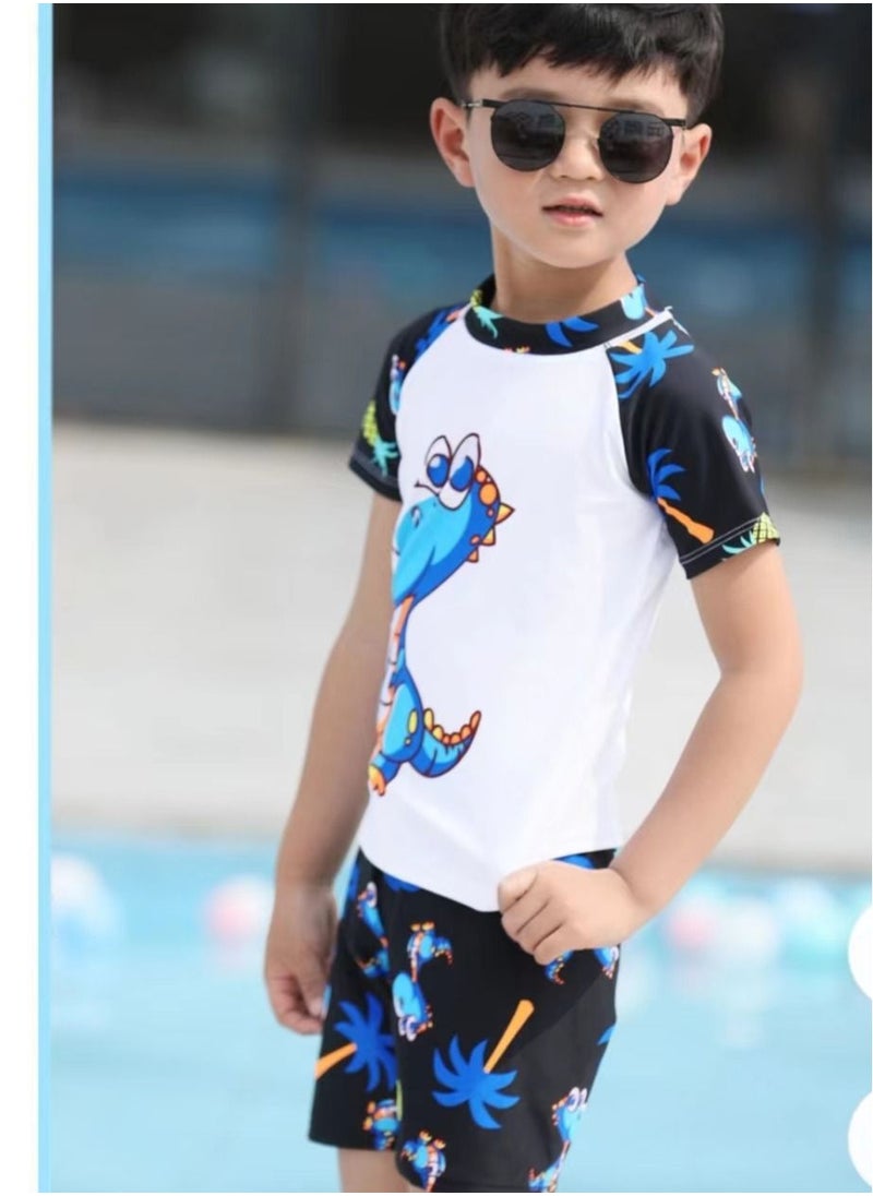 HAIZID 3-Piece Kid's Cartoon Dinosaur Pattern Swimsuit Set Blue Triceratops  - Image 2