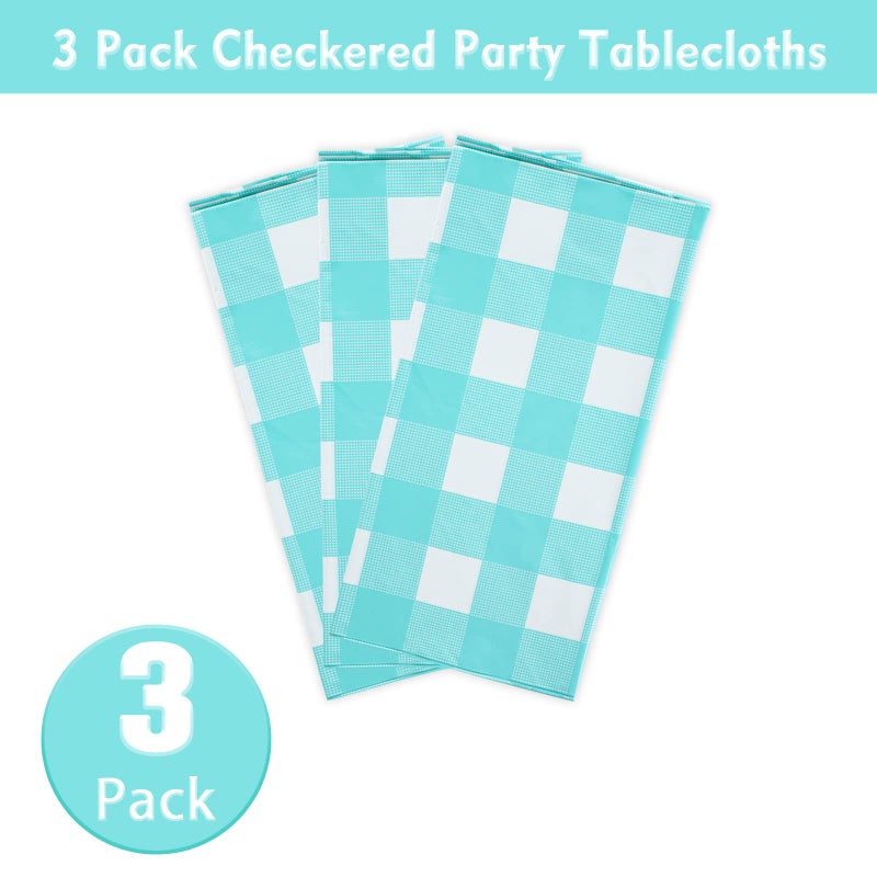 Kesfey 3 Packs Aqua and White Checkered Tablecloths 54 x 108 Inches Disposable Plastic Gingham Tablecovers Waterproof Rectangle Picnic Party Table Covers for Birthday Party Supplies Christmas - Image 4