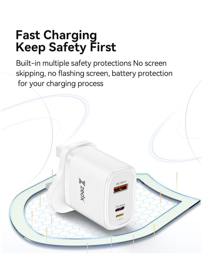 zedx - 30W PD Charger with Lightning Cable, Lightning to USB-C , USB-C Fast Charger, PD Charger, Fast Charger, USB-C Fast Charger & Multiple device Charging with one data cable - Image 1