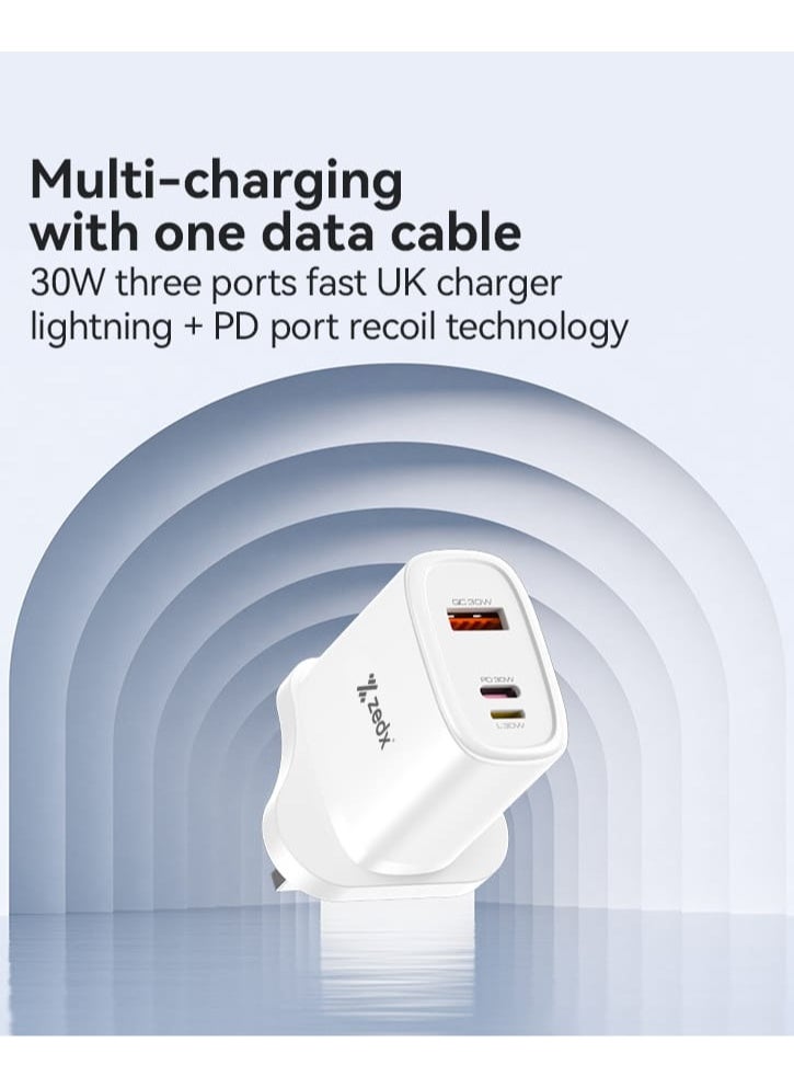 zedx - 30W PD Charger with Lightning Cable, Lightning to USB-C , USB-C Fast Charger, PD Charger, Fast Charger, USB-C Fast Charger & Multiple device Charging with one data cable - Image 1
