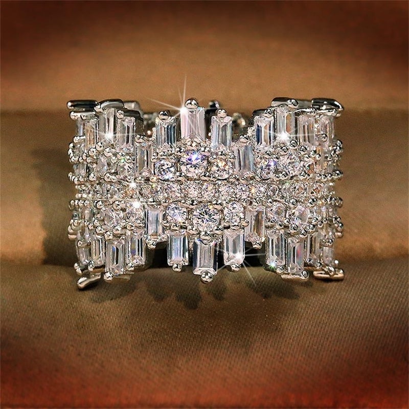 AZQ 925 Sterling Silver Shiny Full Diamond Gemstone Ring 18K Gold Cocktail Ring Cubic Zirconia Promise Ring CZ Diamond Multi Row Rings Eternity Engagement Wedding Party Ring for Women Z.132 (US Code 6) - Image 1