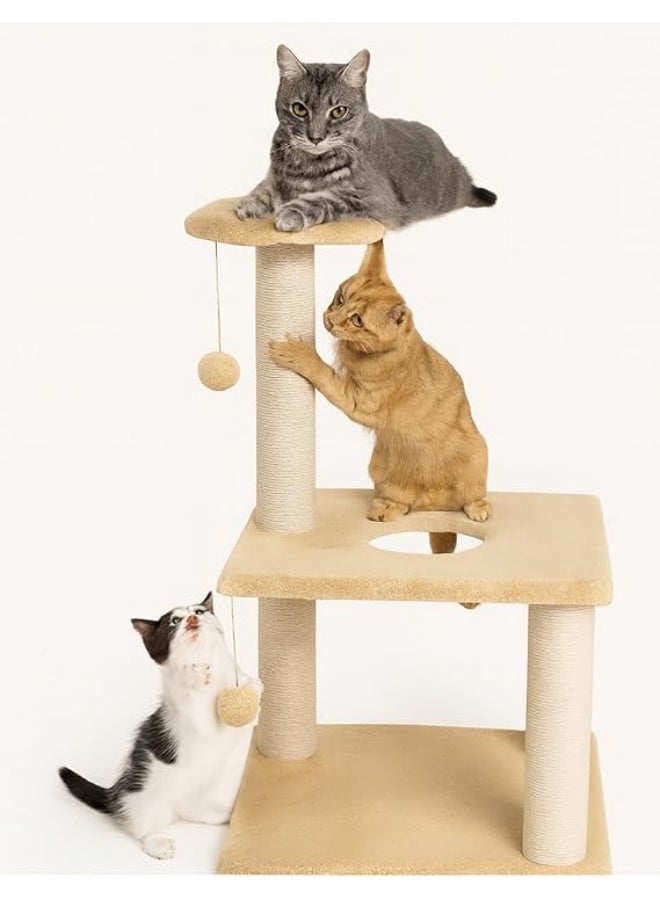 برج تسلق ولعب للقطط متعددة المستويات من Pets House & Care – شجرة قطط داخلية مع أعمدة خدش بحبل سيزال، سرير علوي مبطن ولعبة معلقة، مركز نشاط للقطط –  (بيج) - Image 1