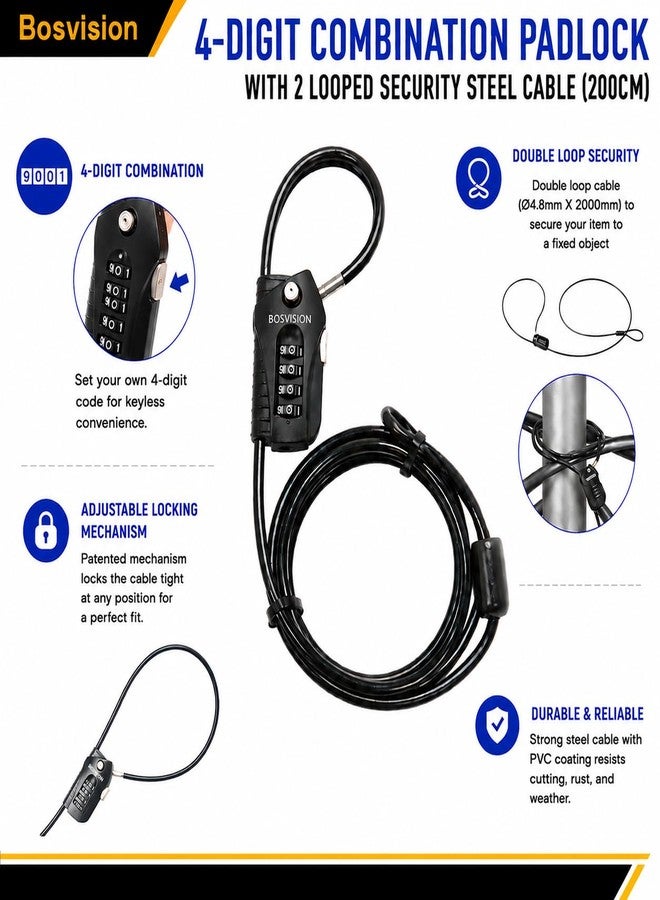 Bosvision 4-Digit Combination Padlock with Looped Security Steel Cable, 6'7" (200cm) - Image 2