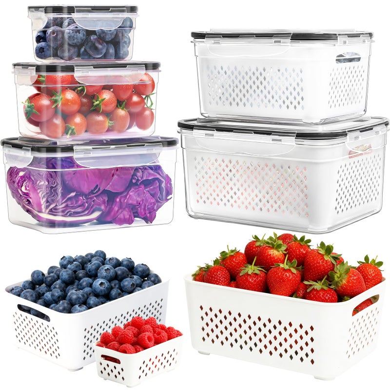 PRAKI 5-Pack Large Fruit Storage Containers for Fridge with Removable Colander, 2 in 1 Produce Storage Containers, BPA-Free Fridge Organizers and Storage Keep Fruits, Vegetables, Berry Fresh Longer - Image 1