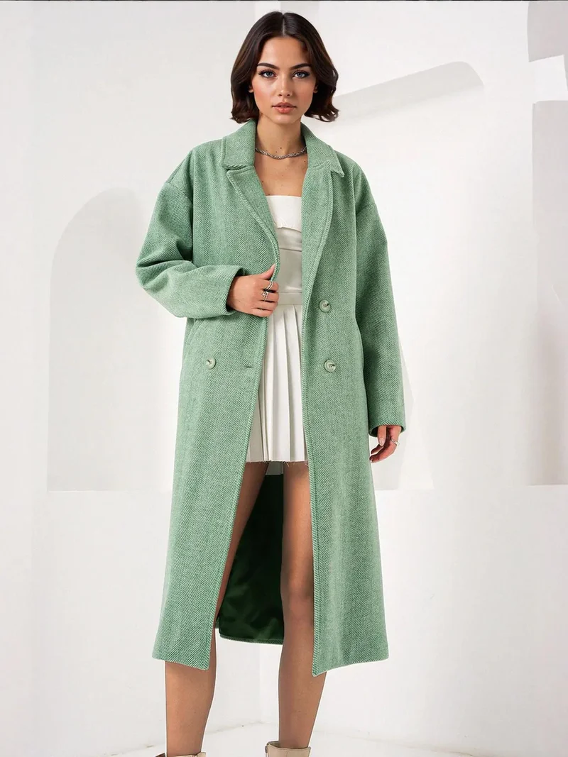 بيغ دارت معطف طويل مبطن بالصوف مزدوج الصدر بنقشة متعرجة