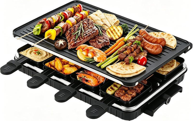 MITCMOLARD Electric Raclette Grill, Electric Bbq Grill, Smokeless Non Stick Raclette Machine Grill, 1300W Raclette Grill for 8 People,Adjustable Temperature Electric Grill include 8 Mini Roasting pans - Image 1