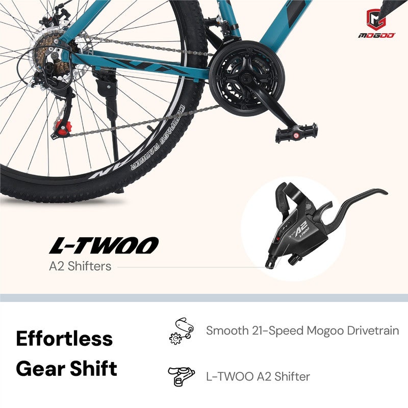 MOGOO دراجة جبلية من الألمنيوم Mogoo Titan مقاس 27.5 بوصة | 21 سرعة للبالغين | فرامل قرص ميكانيكية، تعليق أمامي، كابلات داخلية، مقعد قابل للتعديل - صنوبر - Image 4