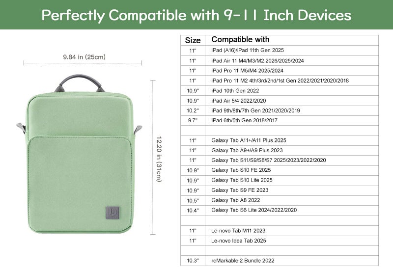 Dadanism 9-11 Inch Tablet Sleeve Bag Carrying Case with Shoulder Strap for iPad (A16) 11", iPad 10th Gen 10.9", iPad Air M4/Pro M5 11", iPad 9/8/7th 10.2", Galaxy Tab A11+ Plus 11", Dark Green - Image 2