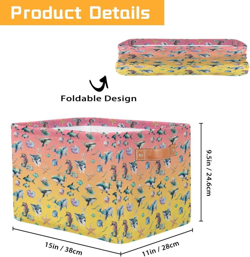 Small Storage Basket Foldable Color Fish Ocean Cube Organizer Bin with Handles Kids Toy Organizer Box Collapsible Fabric Hamper for Nursery Living Room Bedroom Decort Gifts - Image 2