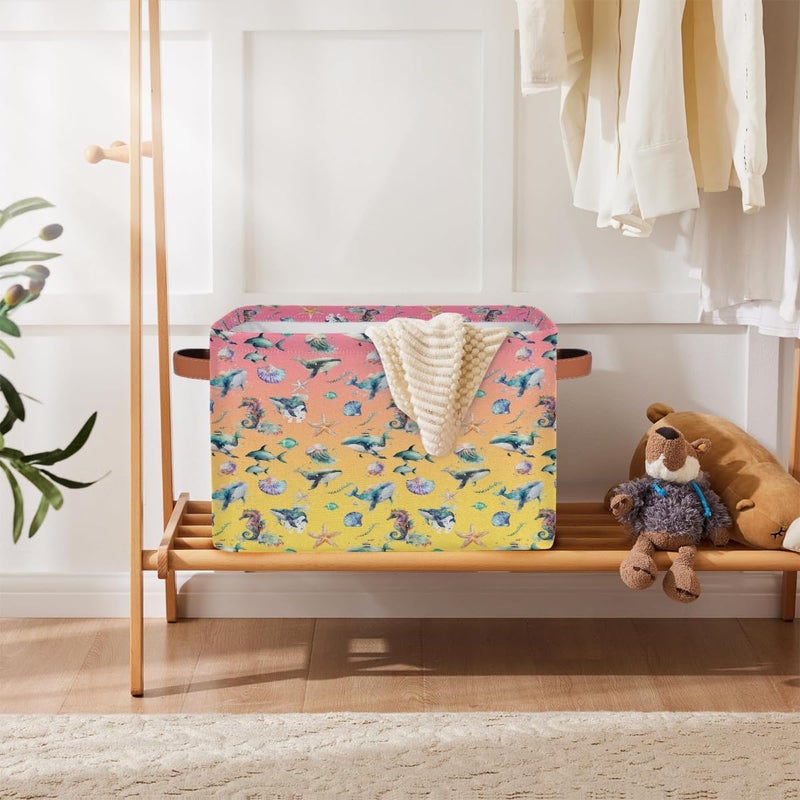 Small Storage Basket Foldable Color Fish Ocean Cube Organizer Bin with Handles Kids Toy Organizer Box Collapsible Fabric Hamper for Nursery Living Room Bedroom Decort Gifts - Image 5