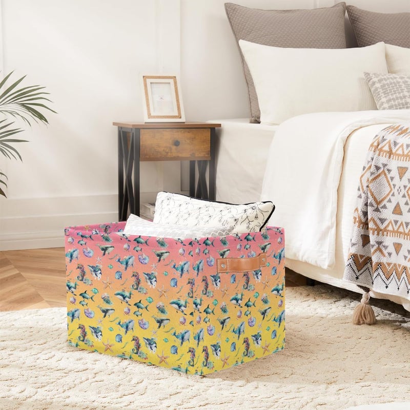 Small Storage Basket Foldable Color Fish Ocean Cube Organizer Bin with Handles Kids Toy Organizer Box Collapsible Fabric Hamper for Nursery Living Room Bedroom Decort Gifts - Image 4