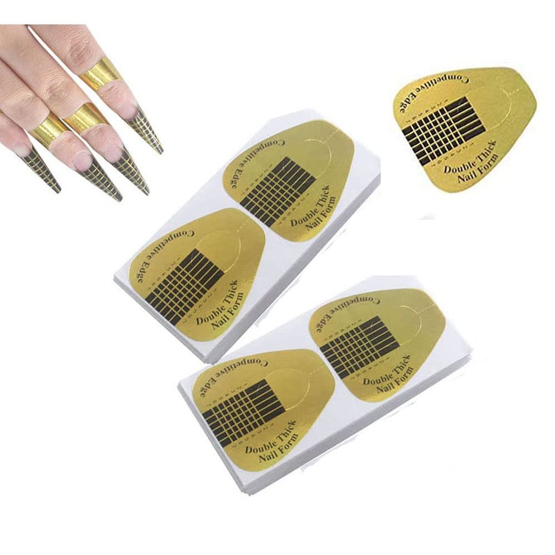 VNC 200Pcs Long Nail Forms for Acrylic Nails Thick Nail Art Tips Extension Forms Durable Acrylic Nail Paper Forms for Golden Color Nail Former Stickers with Numbers Marked