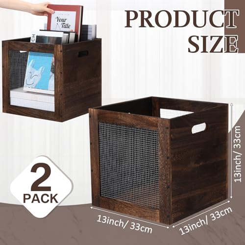 Colingmill 2 Pack Stackable Wood Storage Bins with Metal Wire and Handles 13 x 13 x 13 Inch 36l Cube Vinyl Record Holder Wooden Storage Crate Basket for Shelve Fruit Vegetable Pantry ToyWalnut - Image 3