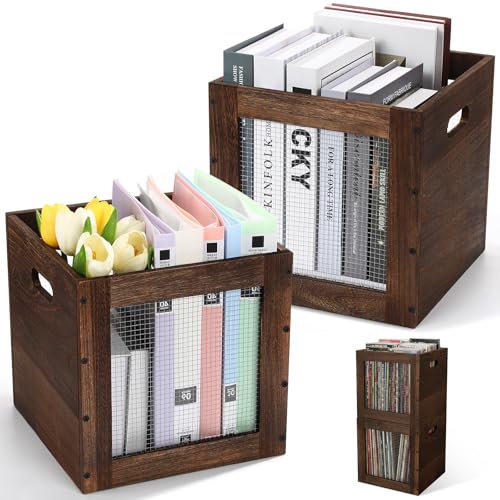 Colingmill 2 Pack Stackable Wood Storage Bins with Metal Wire and Handles 13 x 13 x 13 Inch 36l Cube Vinyl Record Holder Wooden Storage Crate Basket for Shelve Fruit Vegetable Pantry ToyWalnut - Image 1