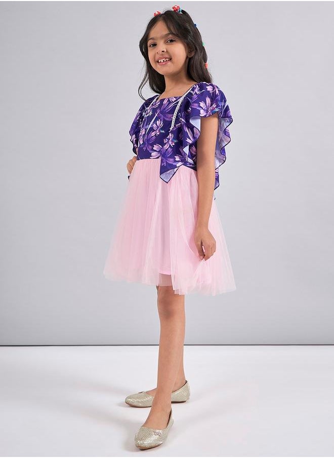Stylo Bug - Floral Print Mesh Insert Dress with Ruffled Sleeves by Styli - Image 1