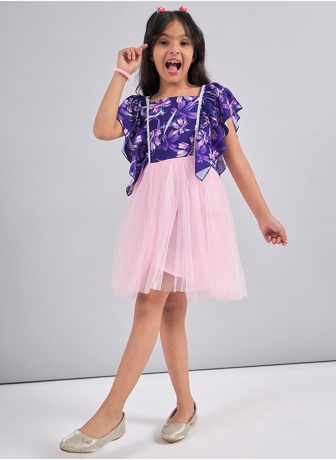 Stylo Bug - Floral Print Mesh Insert Dress with Ruffled Sleeves by Styli - Image 1