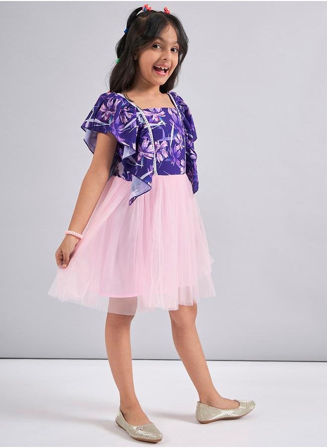 Stylo Bug - Floral Print Mesh Insert Dress with Ruffled Sleeves by Styli - Image 1