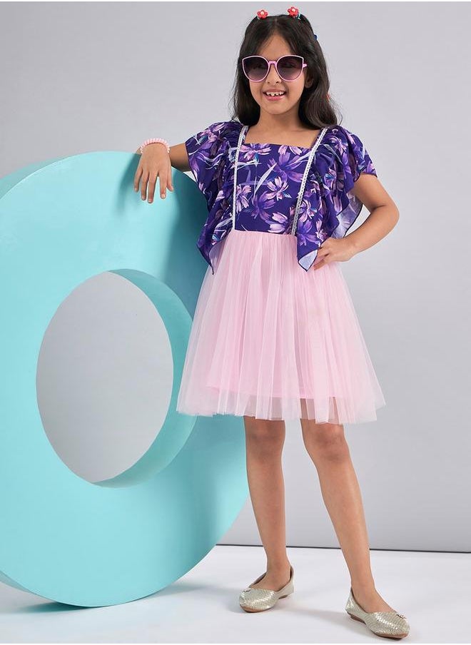 Stylo Bug - Floral Print Mesh Insert Dress with Ruffled Sleeves by Styli - Image 1