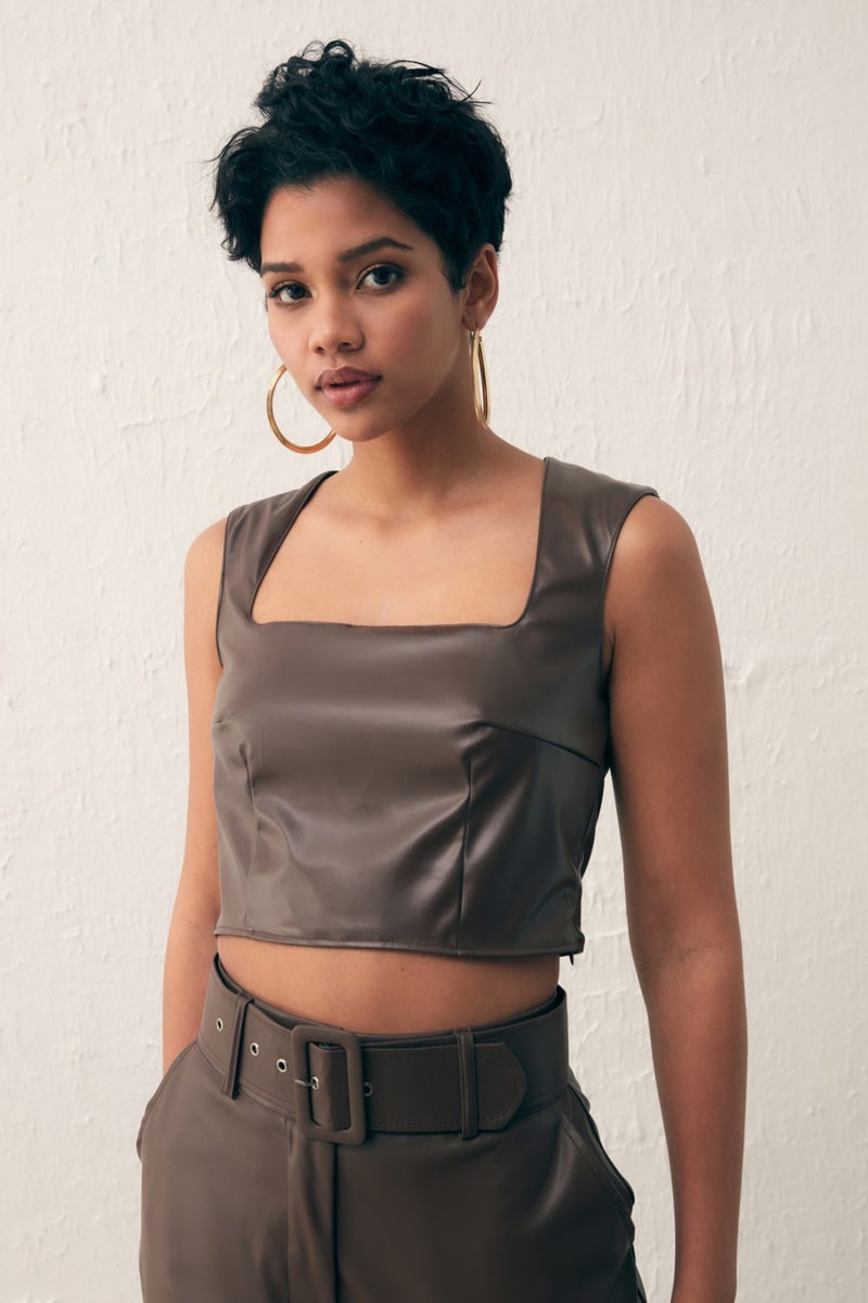 SATEEN Square Neck Leather Crop Blouse - Dark Brown  - Image 1