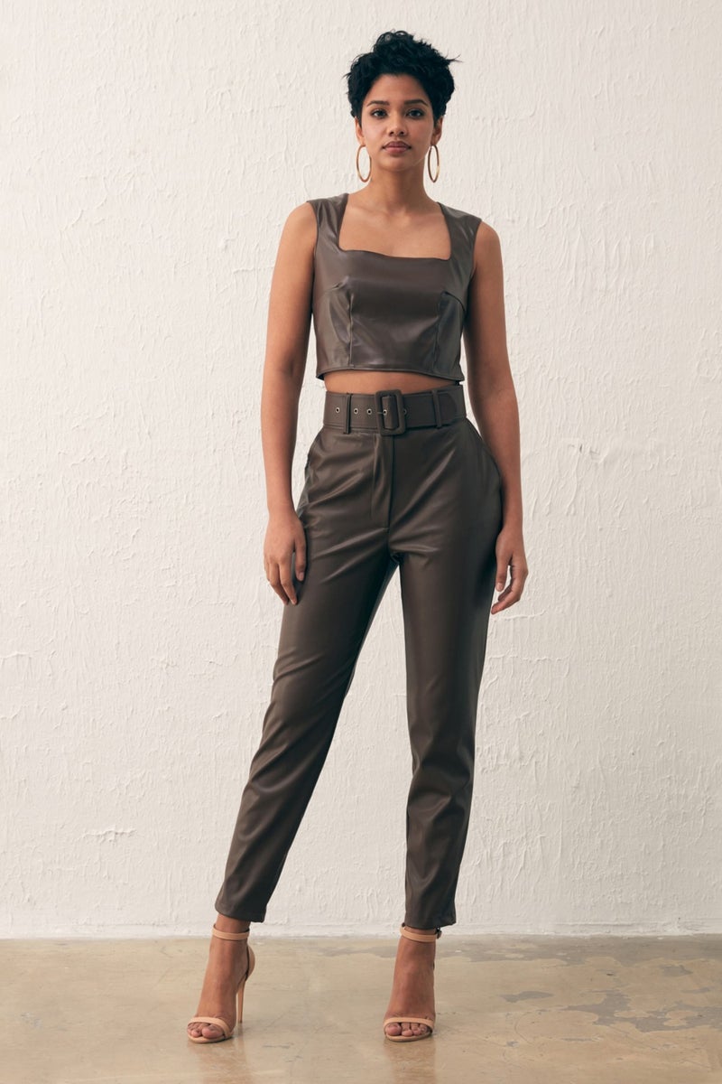 SATEEN Square Neck Leather Crop Blouse - Dark Brown  - Image 3