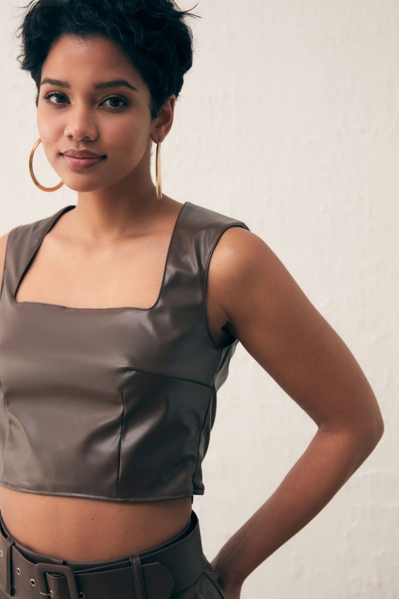 SATEEN Square Neck Leather Crop Blouse - Dark Brown  - Image 4