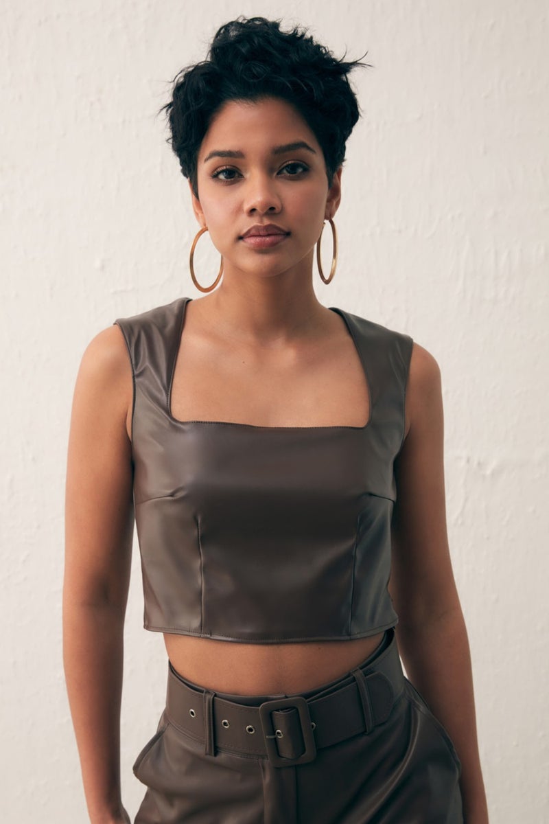 SATEEN Square Neck Leather Crop Blouse - Dark Brown  - Image 2