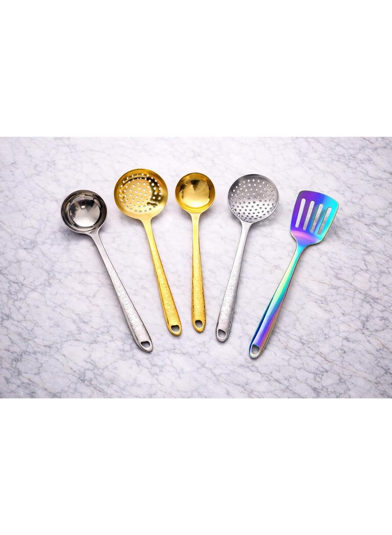 Stainless Steel Kitchen Utensil, Heat Resistant, Rust-Resistant, Ergonomic Handle, Dishwasher Safe, Silver, Gold, and Rainbow Finish, for Daily Cooking (Rainbow Spoon) - Image 3