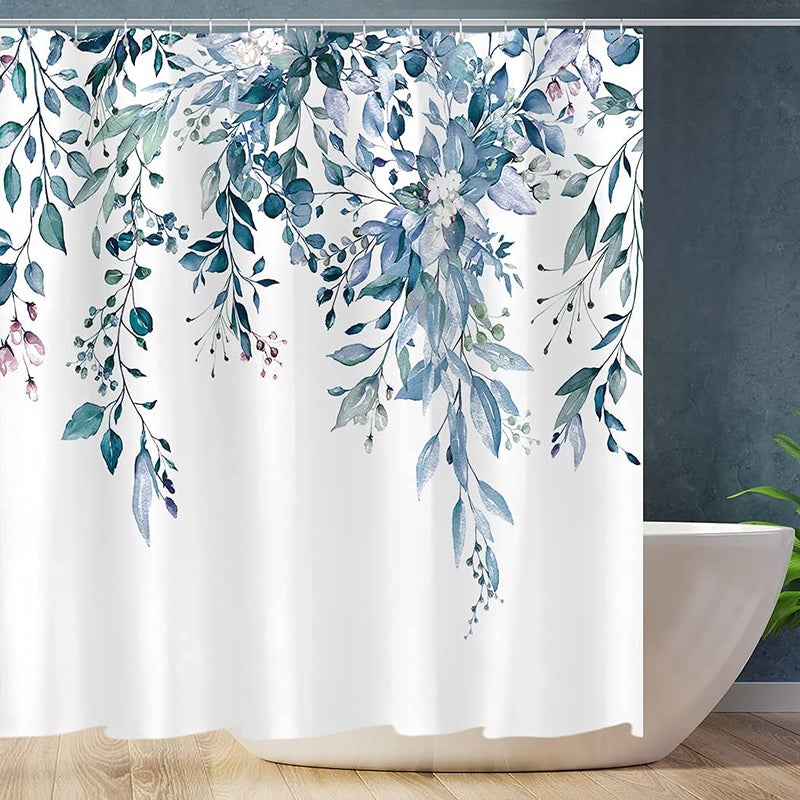 Tititex Blue Eucalyptus Leaves Shower Curtain  Watercolor Leaves on The Top Plant with Floral Bathroom Decoration Shower Curtain Sets 72x72 Inch with Hooks