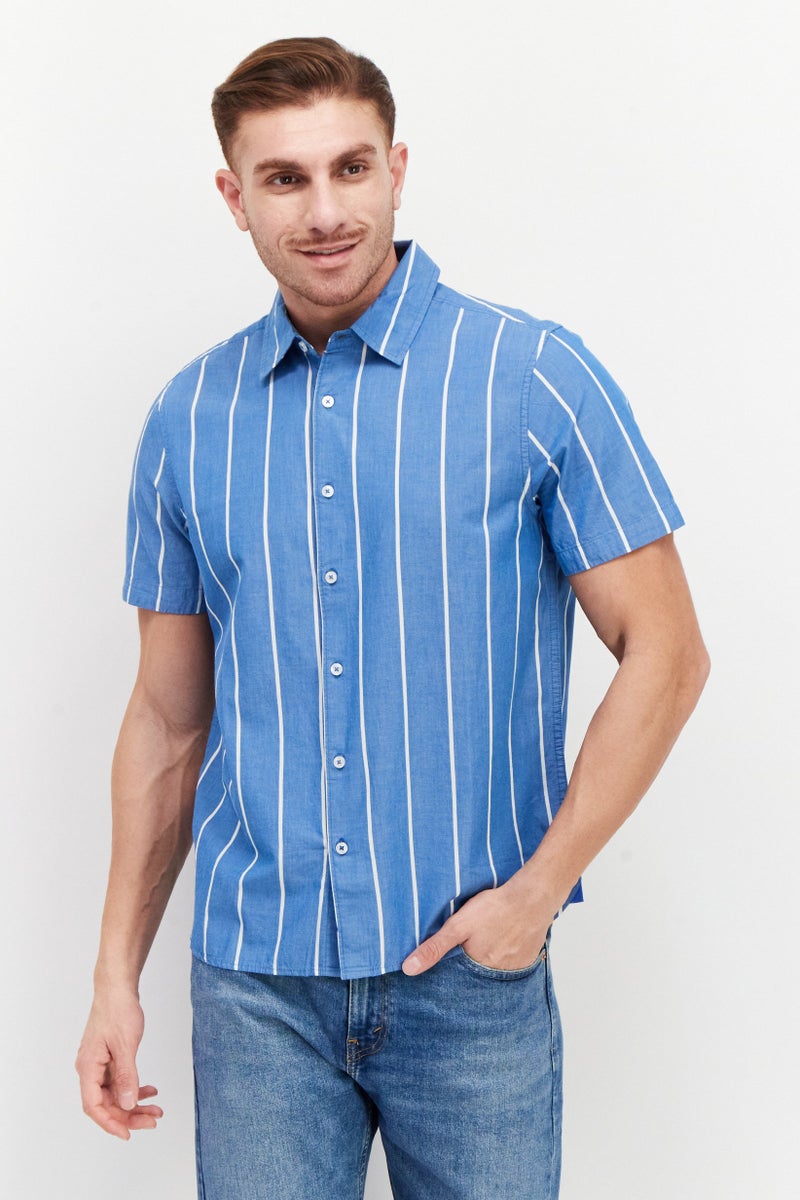 VINCE CAMUTO Men Regular Fit Stripe Short Sleeves Casual Shirt, Blue - Image 1