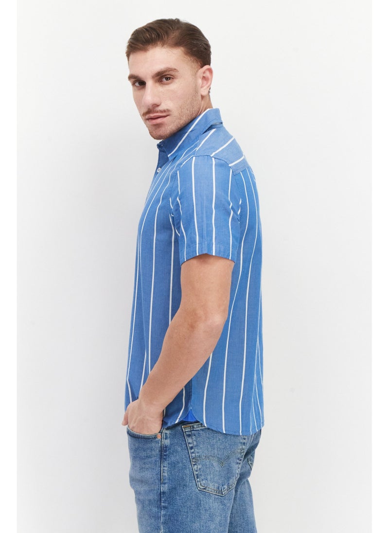 VINCE CAMUTO Men Regular Fit Stripe Short Sleeves Casual Shirt, Blue - Image 5