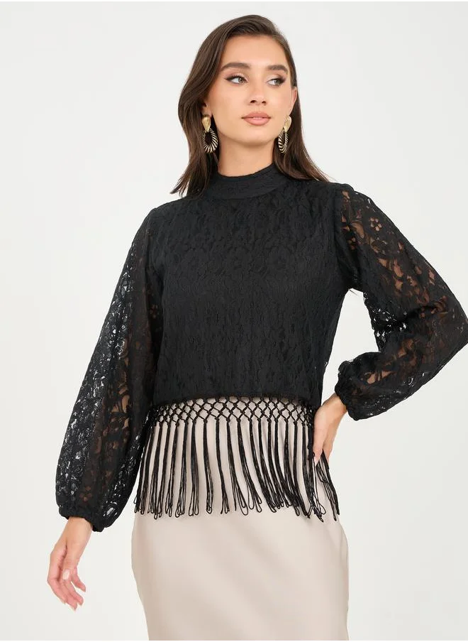 Styli Floral All Over Lace Tassel Hem High Neck Blouse