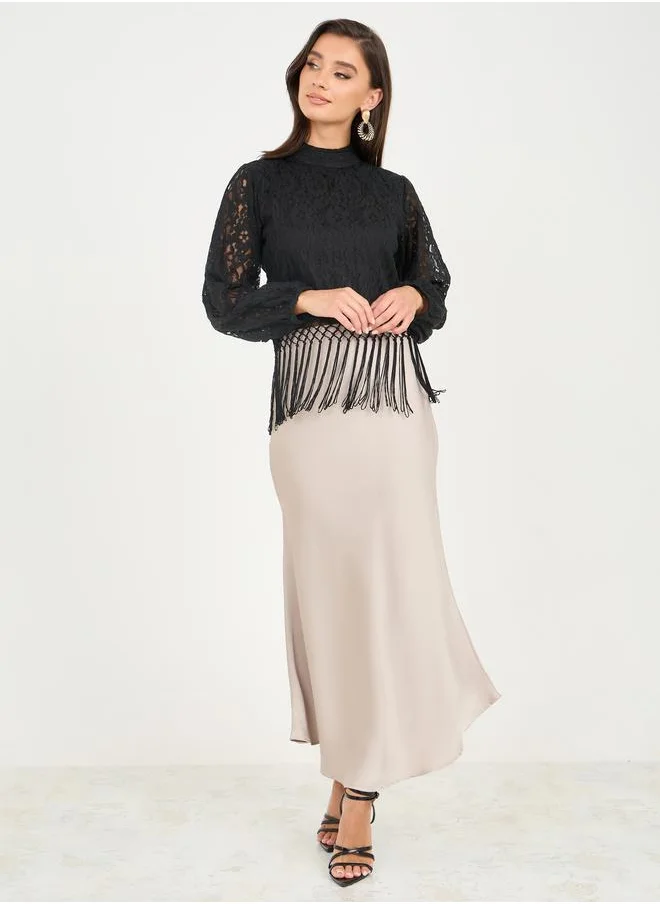 Styli Floral All Over Lace Tassel Hem High Neck Blouse
