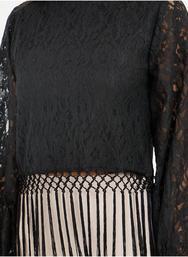 Styli Floral All Over Lace Tassel Hem High Neck Blouse