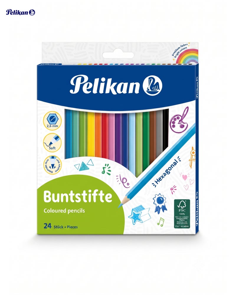 Pelikan Short Hexagonal Colored Pencils, 3.5" - Pack of 24 Bright Colors, 2.6mm Break-Resistant Soft Lead, FSC Certified Wood