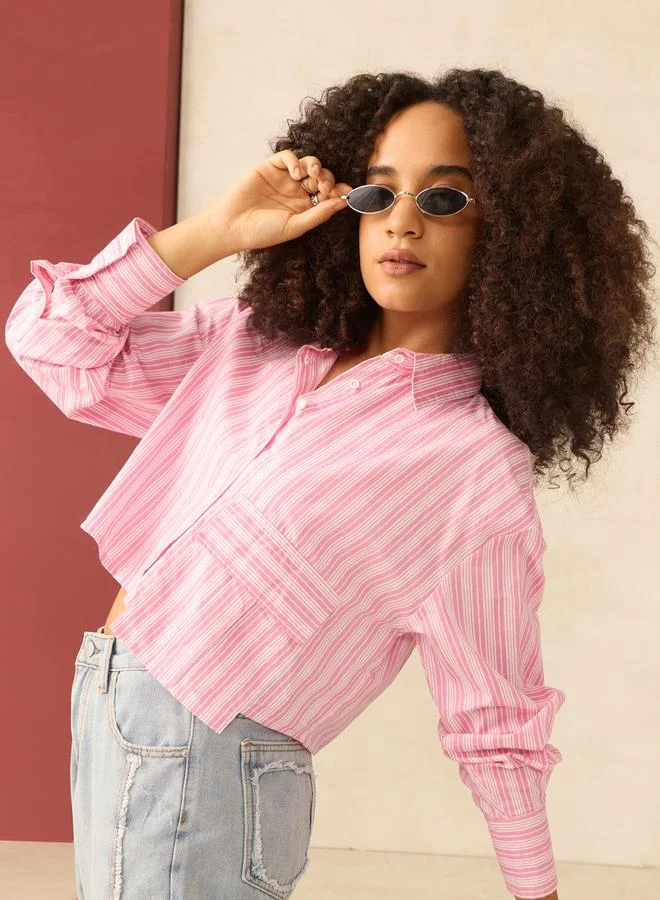 Outzidr  Pink Crop Boxy Shirt with Large Pocket Detail for Women | Best Price UAE
