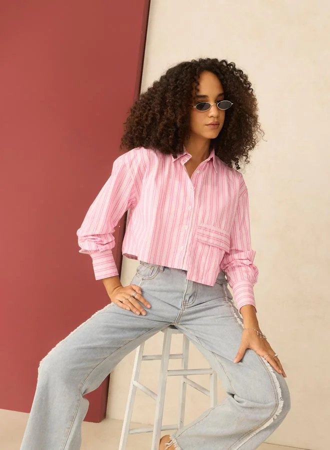 Outzidr  Pink Crop Boxy Shirt with Large Pocket Detail for Women | Best Price UAE